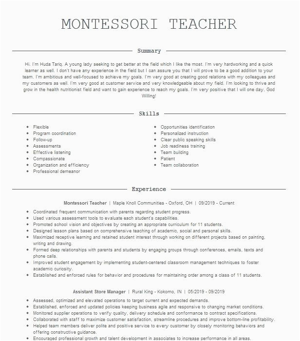 Sample Resume for Montessori Lead Teacher Montessori Teacher Resume Example Maple Knoll Munities Covina