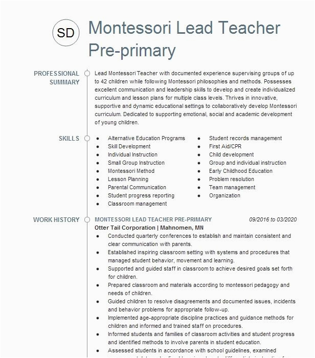 Sample Resume for Montessori Lead Teacher Pre Primary Teacher Resume Example Falcon School District 49