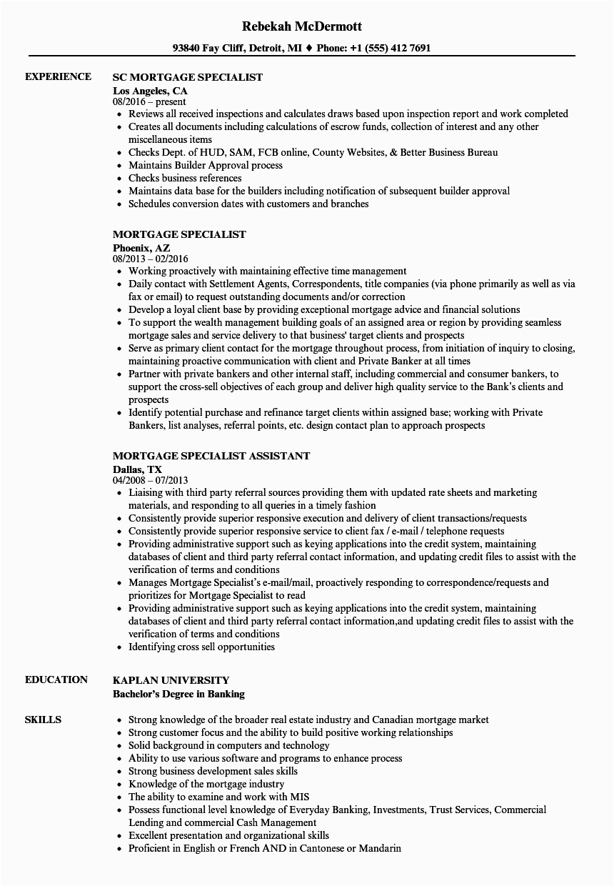 Sample Resume for Mortgage Loan Specialist Mortgage Specialist Resume Samples