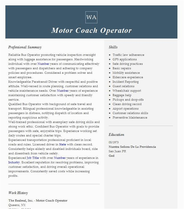 Sample Resume for Motor Coach Operator Motor Coach Operator Resume Example City Pflugerville Tx Colby