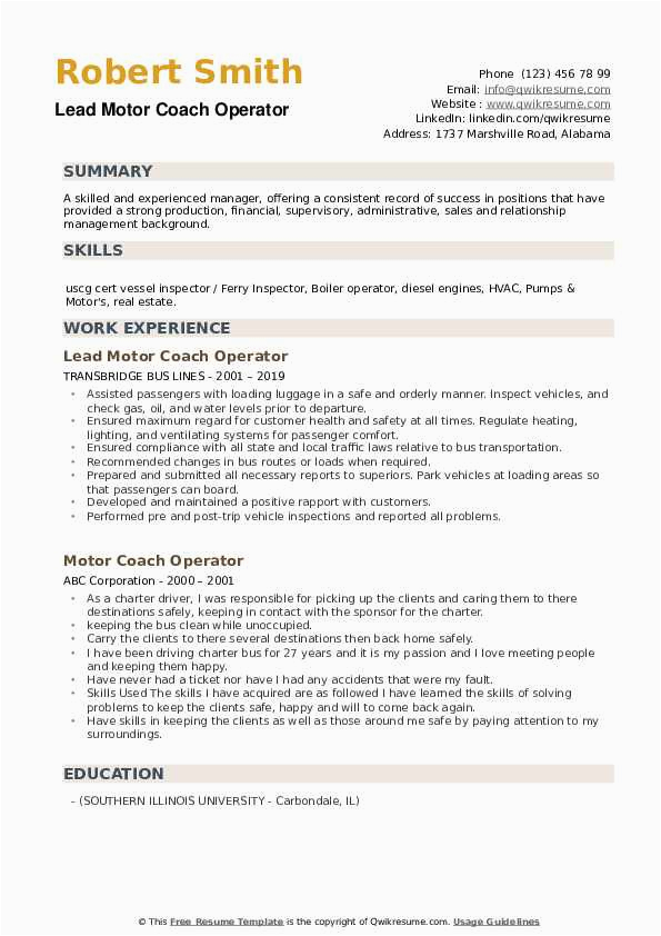 Sample Resume for Motor Coach Operator Motor Coach Operator Resume Samples