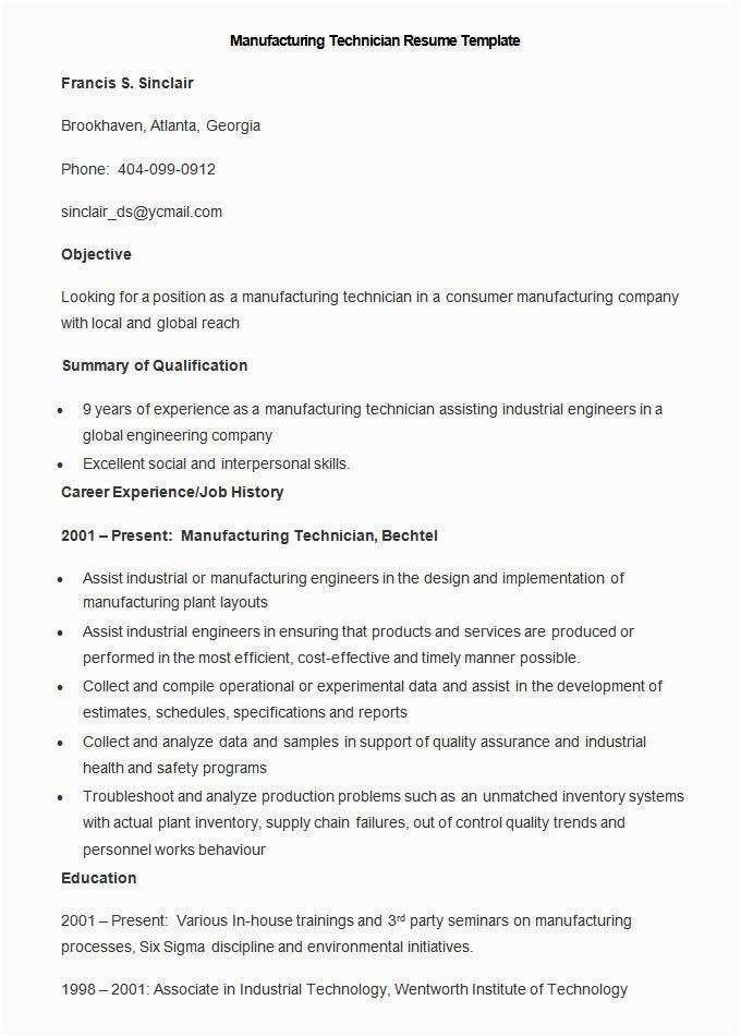 Sample Resume for Pharmaceutical Manufacturing Technician Manufacturing Resume Template – 26 Free Samples Examples