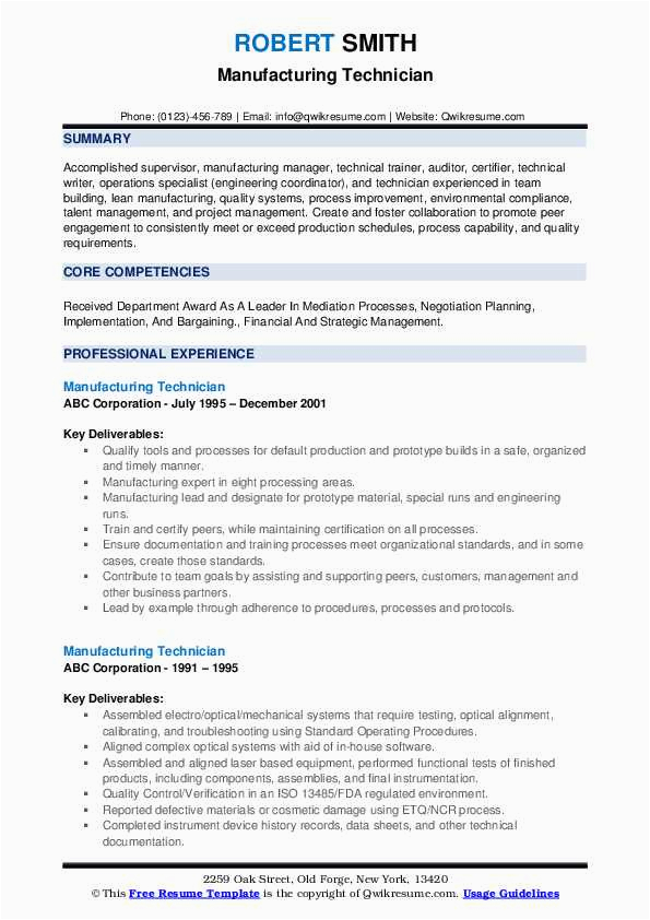 Sample Resume for Pharmaceutical Manufacturing Technician Manufacturing Technician Resume Samples