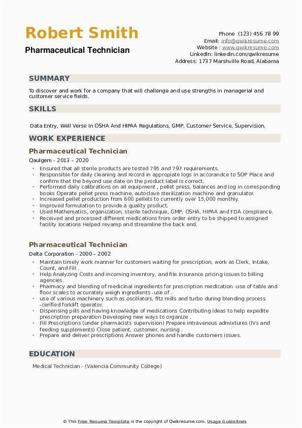 Sample Resume for Pharmaceutical Manufacturing Technician Pharmaceutical Technician Resume Samples