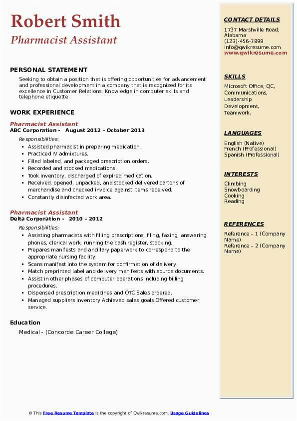 Sample Resume for Pharmacy assistant without Experience Pharmacist assistant Resume Samples