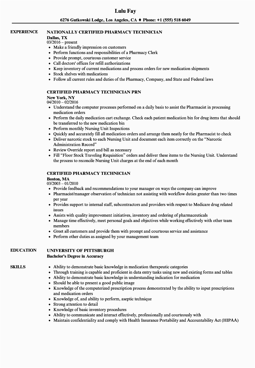 Sample Resume for Pharmacy Technician Position Pharmacy Technician Resume