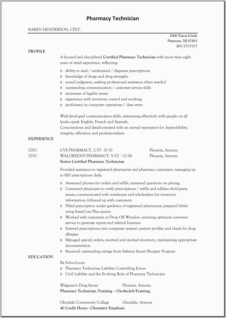 Sample Resume for Pharmacy Technician Position Sample Resume for Pharmacy Technician