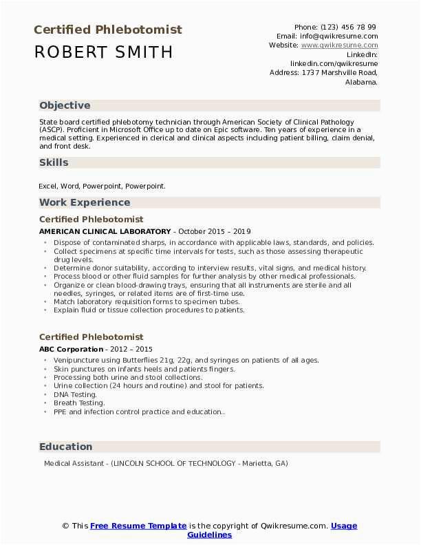 Sample Resume for Phlebotomist with Experience Certified Phlebotomist Resume Samples