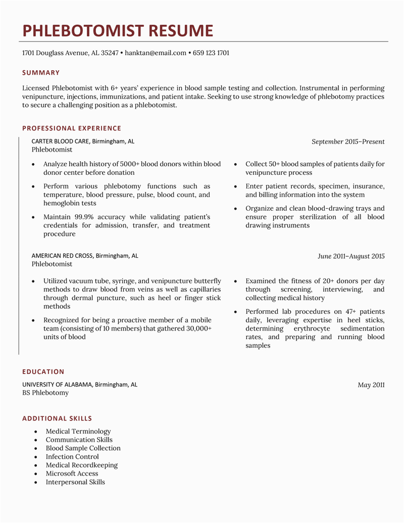 Sample Resume for Phlebotomist with Experience Phlebotomist Resume Sample