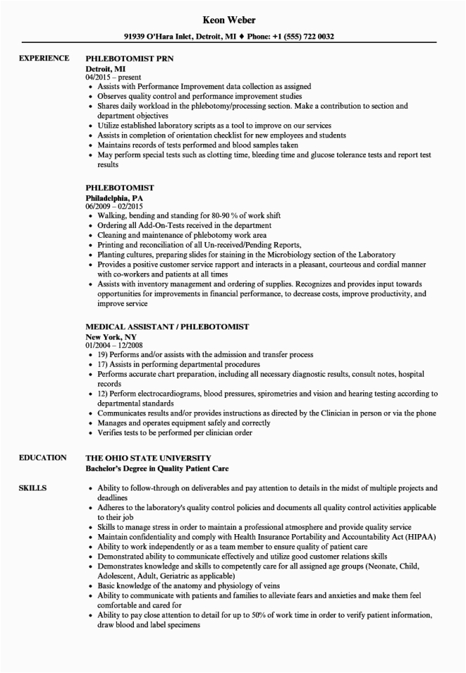 Sample Resume for Phlebotomist with Experience Resume for Phlebotomy Technician Resume Sample