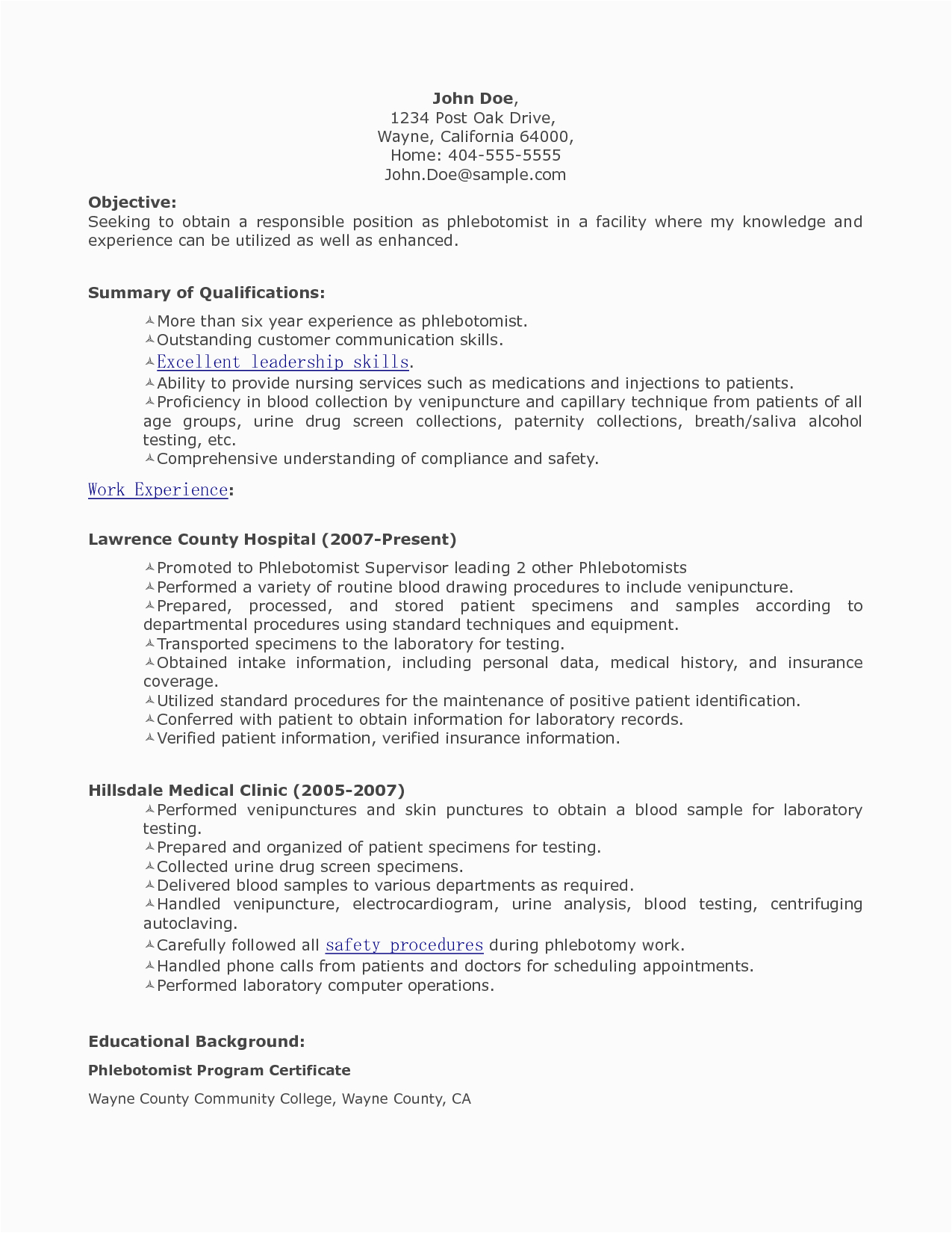 Sample Resume for Phlebotomist with Experience Resume Objectives for A Phlebotomist