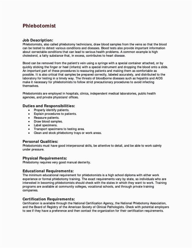 Sample Resume for Phlebotomy with No Experience Phlebotomy Resume Sample