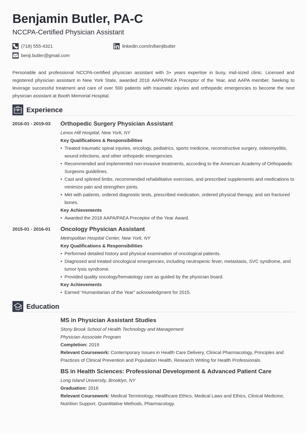 Sample Resume for Physician assistant School Physician assistant Resume Example Template Iconic