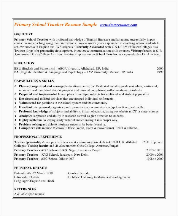 Sample Resume for Primary Teachers In India Resume for Teachers In Indian format Best Resume Examples