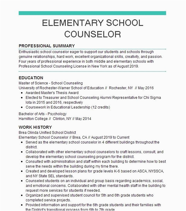 Sample Resume for School Counseling Intern Elementary Teacher School Counselor Intern Resume Example O H Stowe