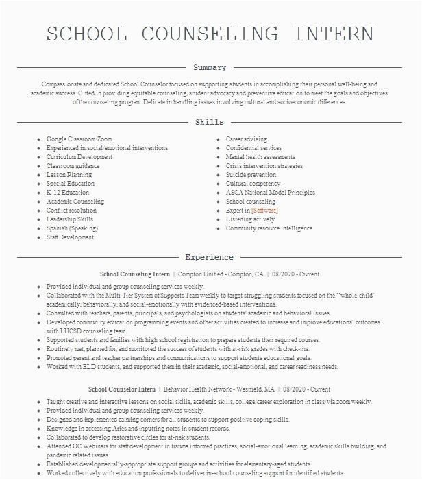 Sample Resume for School Counseling Intern School Counseling Intern Resume Example Pany Name Santa Cruz