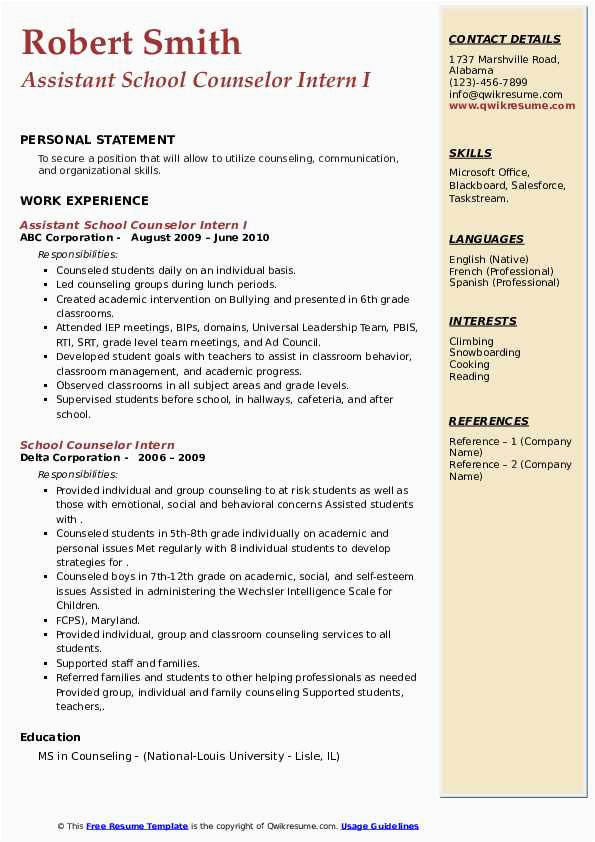 Sample Resume for School Counseling Intern School Counselor Intern Resume Samples