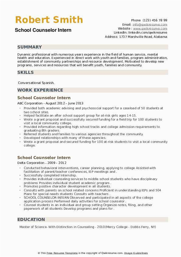 Sample Resume for School Counseling Intern School Counselor Intern Resume Samples