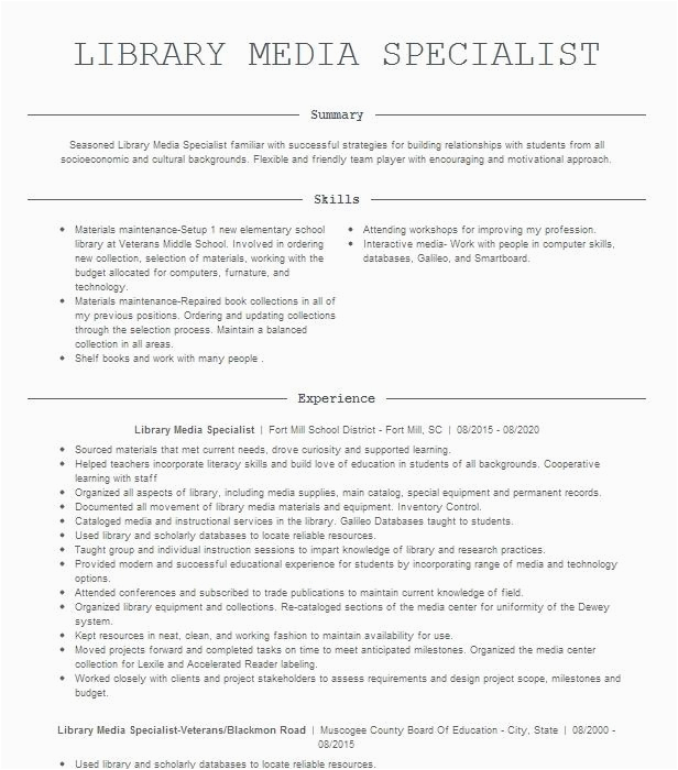 Sample Resume for School Media Specialist Library Media Specialist Resume Example Berryhill Elementary School
