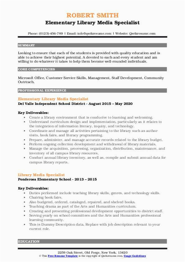Sample Resume for School Media Specialist Library Media Specialist Resume Samples