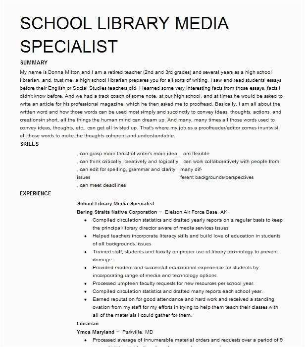 Sample Resume for School Media Specialist School Library Media Specialist Resume Example Harding township Board