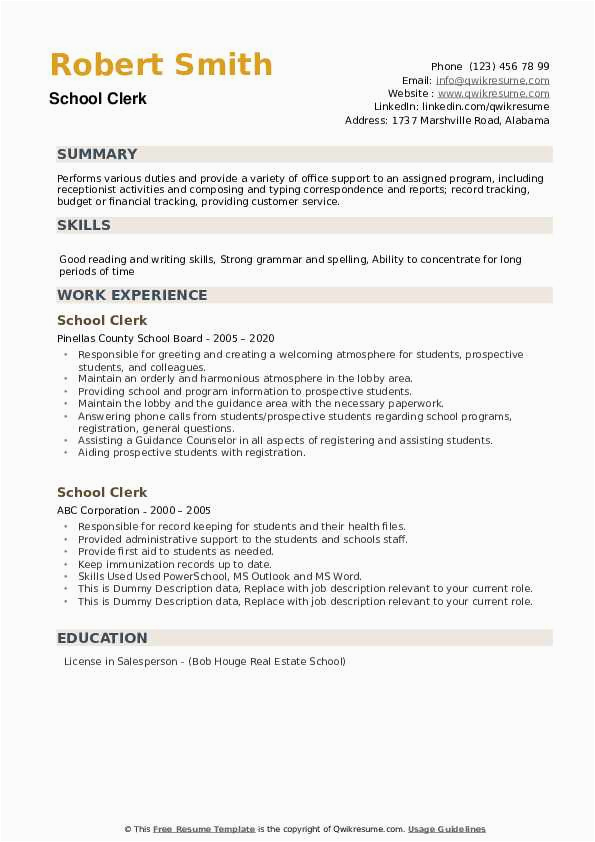 Sample Resume for School Office Clerk School Clerk Resume Samples