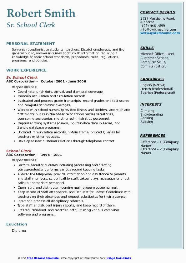Sample Resume for School Office Manager School Clerk Resume Samples
