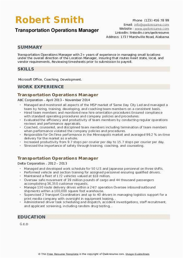 Sample Resume for Trucking Operations Manager Transportation Operations Manager Resume Samples