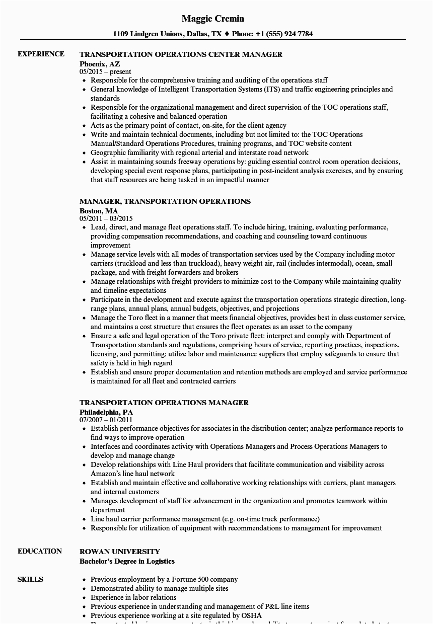 Sample Resume for Trucking Operations Manager Transportation Operations Manager Resume Samples