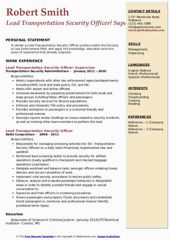 Sample Resume for Tsa Airport Security by Prior Law Enforcement Lead Transportation Security Ficer Resume Samples