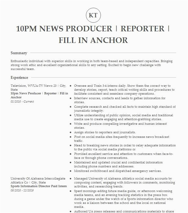 Sample Resume for Tv News Producer Television News Producer Resume Example Univision 45 Kxln Houston Texas