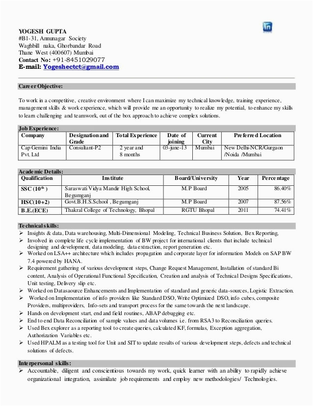 Sample Resume for Two Year Experience In Sap Resume 2 Years Experience Sle – Backup Gambar