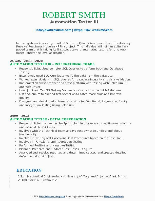 Sample Resume for Uft Automation Tester Automation Tester Resume Samples
