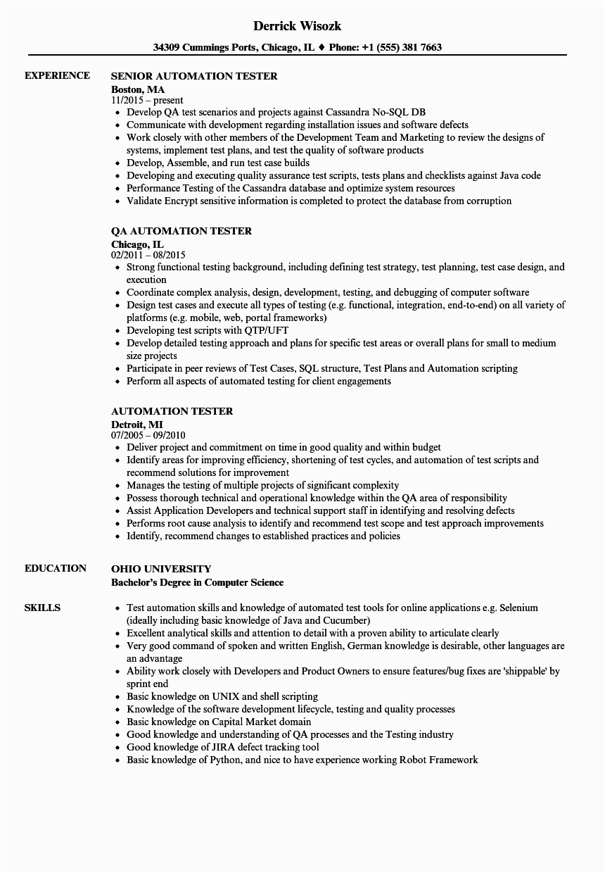 Sample Resume for Uft Automation Tester Automation Tester Resume Samples