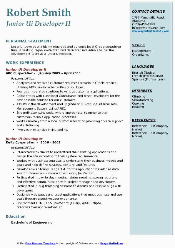 Sample Resume for Ui Developer with 5 Years Junior Ui Developer Resume Samples