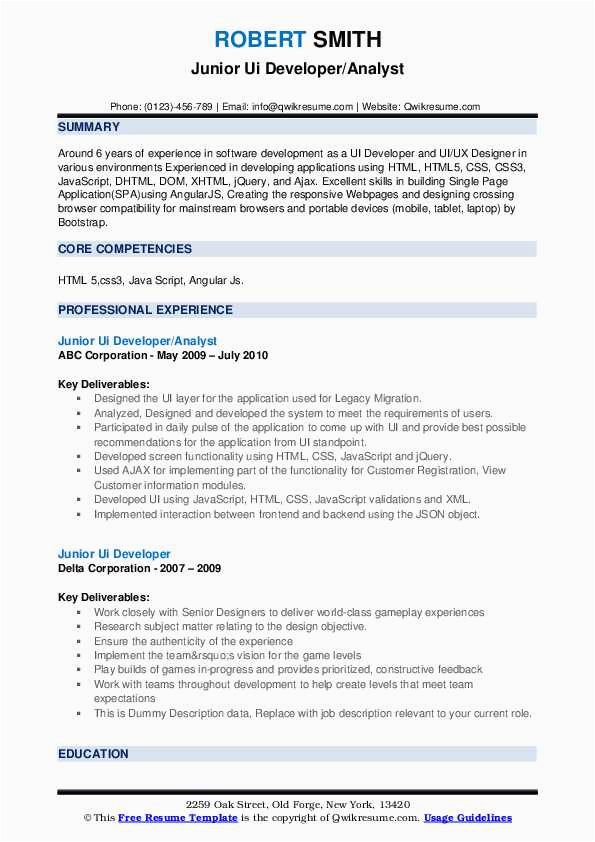 Sample Resume for Ui Developer with 5 Years Junior Ui Developer Resume Samples