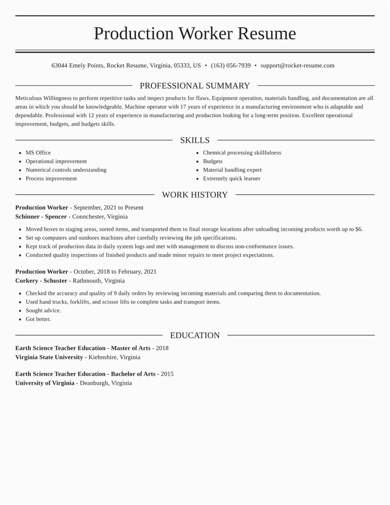 Sample Resume Objective for Production Worker Production Worker Resumes