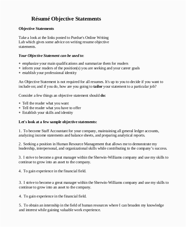 Sample Resume Objective Statements for Career Change Free 9 Sample Objective Statement for Resume Templates In Pdf
