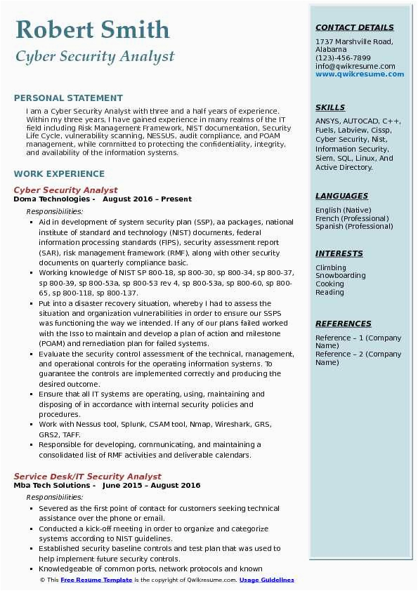 Sample Resume Of Cyber Security Analyst with Job Descriptions Cyber Security Analyst Resume Samples