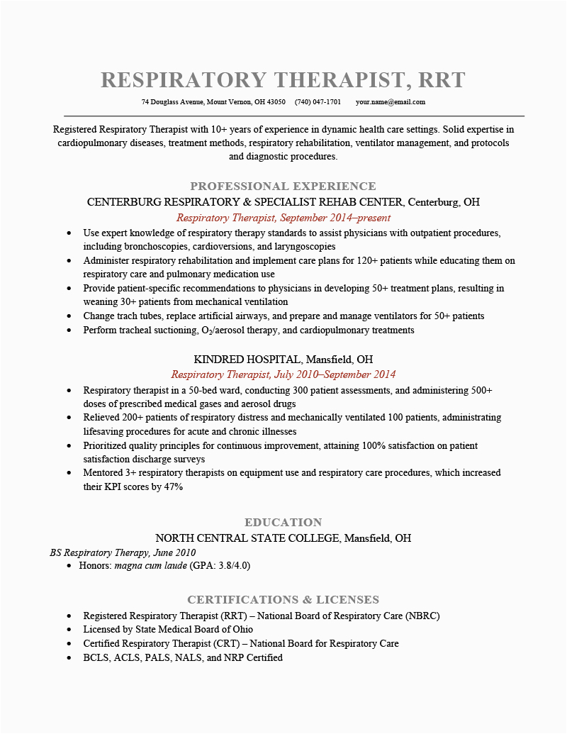 Sample Resume Registered Respiratory therapist Objective Examples Sample Resumes for Respiratory therapist Hendrixvargas