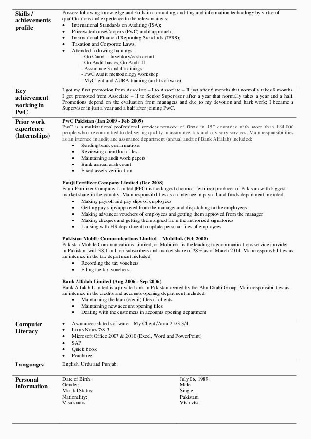 Sample Resume with Big 4 Tax Internexperience Ahsan Abbas Acca Resume