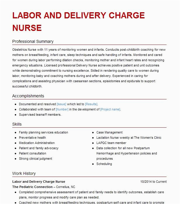 Sample Resumes for Labor and Delivery Nurse Labor and Delivery Charge Nurse Resume Example University Medical