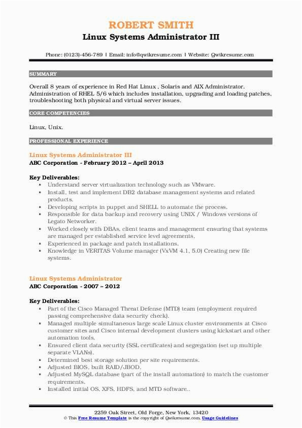Sample Resumes for Linux System Administrator Linux Systems Administrator Resume Samples