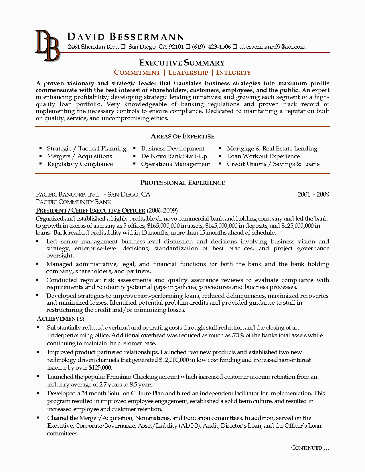 Samples Of Executive Summary for Resume C Suite