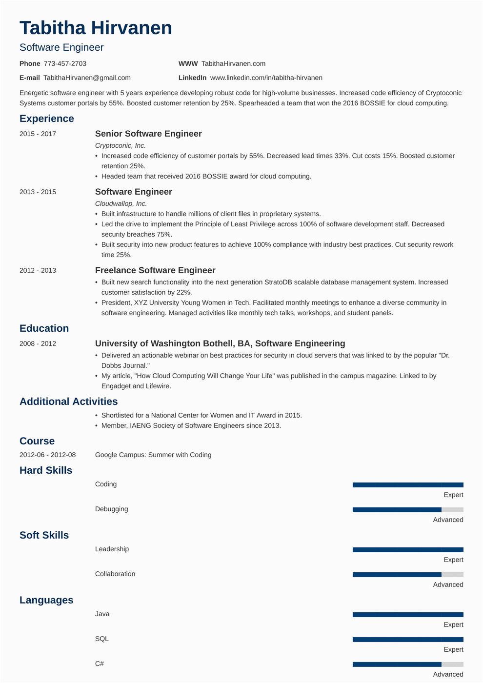 Software Engineer One Page Resume Sample Sample E Page Resume for Experienced software Engineer