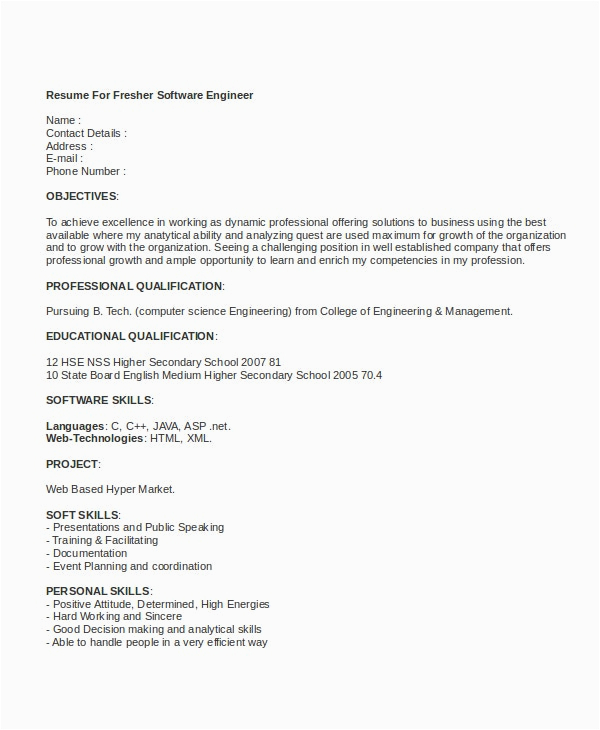 Software Engineer Resume Sample for Fresher 18 Fresher Resume Templates In Word