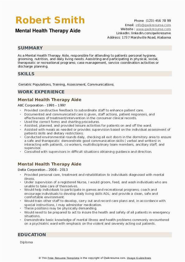 Volunteer with Adult with Mental Illness Resume Samples Mental Health therapy Aide Resume Samples