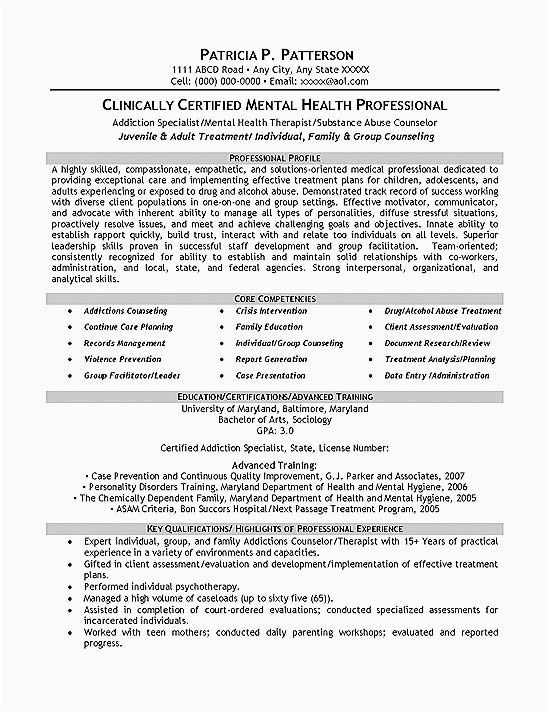 Volunteer with Adult with Mental Illness Resume Samples therapist Counselor Resume Example