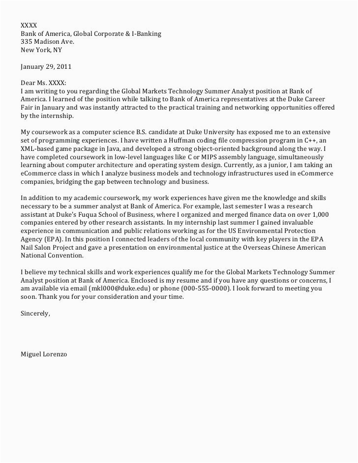 Bank Of America Intern Resume Sample Cover Letter for Internship for Puter Science Student Arca Dia