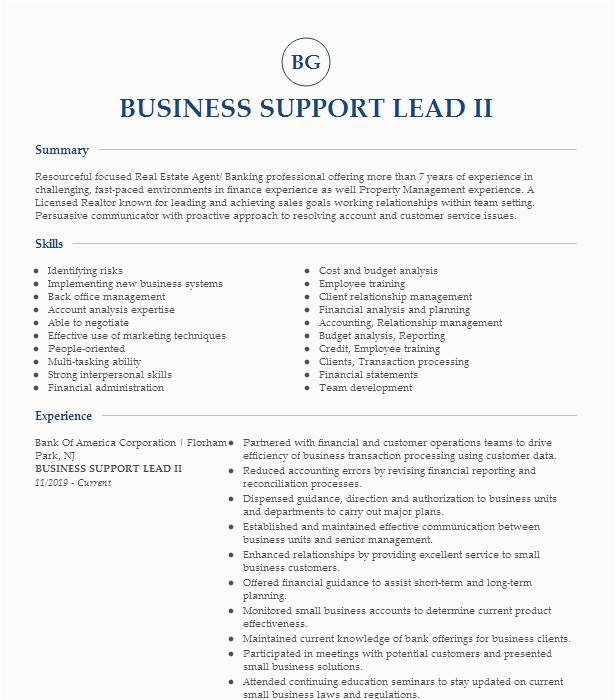 Bank Of America Intern Sample Resume Business Support Lead Ii Resume Example Bank America Corporation